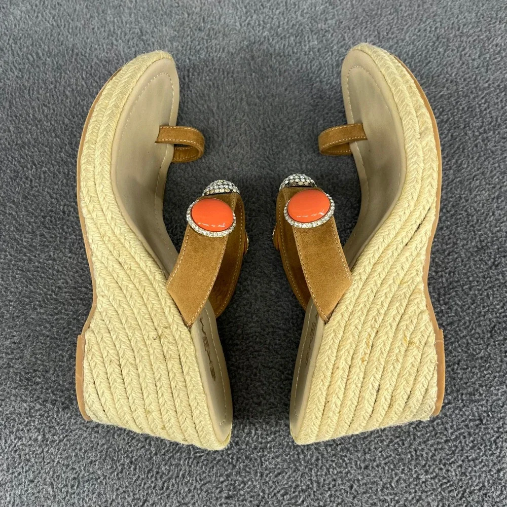 Skemo Wedge Sandals Womens 10‎ Tan Coral Embellished Espadrille Boho Rhinestone